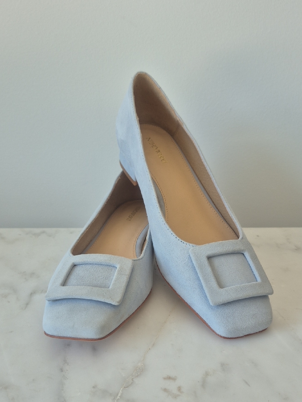 J.McL Light Blue Suede Square-Toe Ballet Flats. Size 8